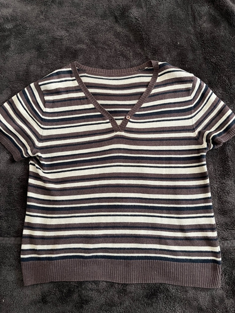 Linen Brown, Cream & Navy Striped V-Neck Sweater Size L